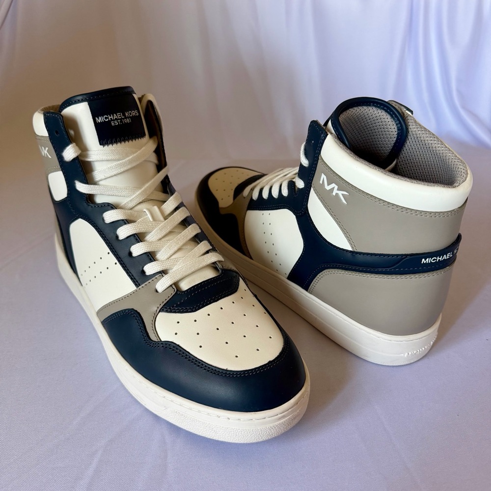 Michael Kors Men’s High-Top Sneakers in Navy, White & Taupe - Picture 3 of 5